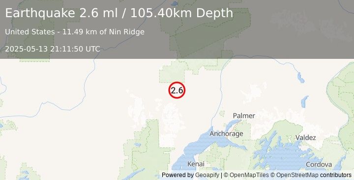 Earthquake 40 km WNW of Skwentna, Alaska (2.6 ml) (2025-05-13 21:11:50 UTC)