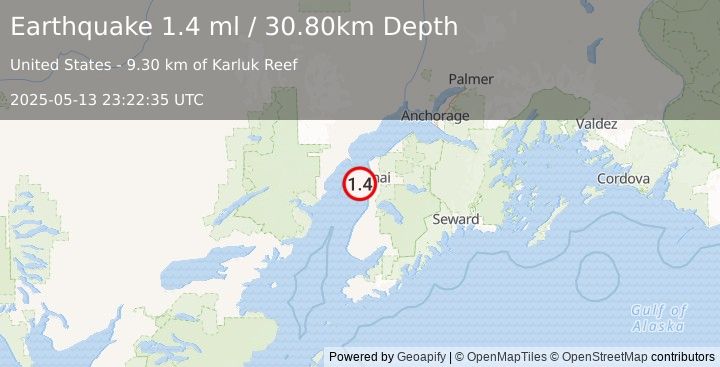 Earthquake 16 km WNW of Kalifornsky, Alaska (1.4 ml) (2025-05-13 23:22:35 UTC)
