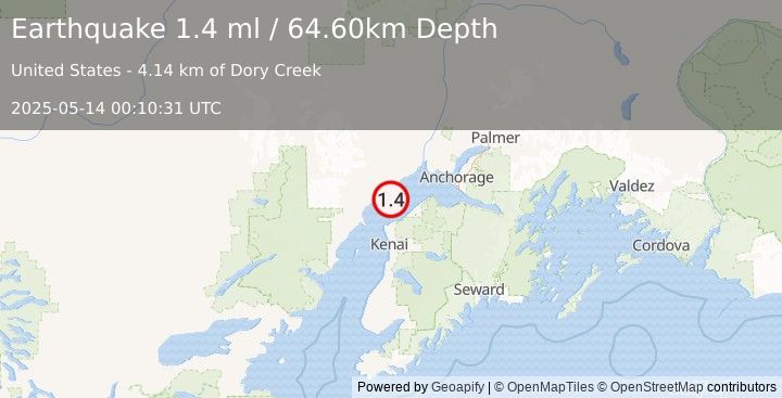 Earthquake 9 km SSW of Tyonek, Alaska (1.4 ml) (2025-05-14 00:10:31 UTC)
