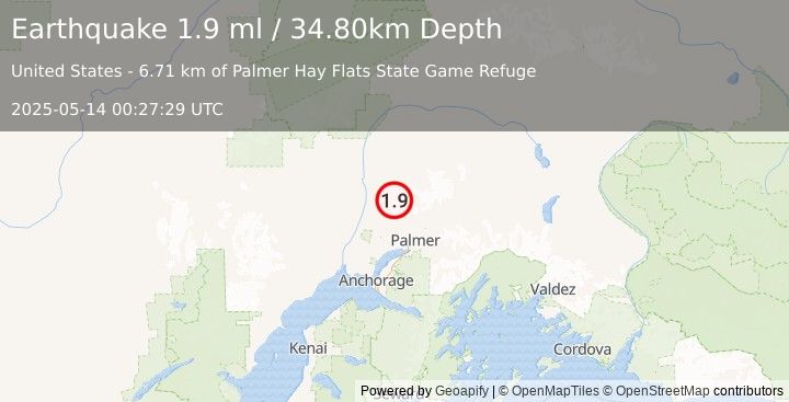 Earthquake 27 km SE of Susitna North, Alaska (1.9 ml) (2025-05-14 00:27:29 UTC)