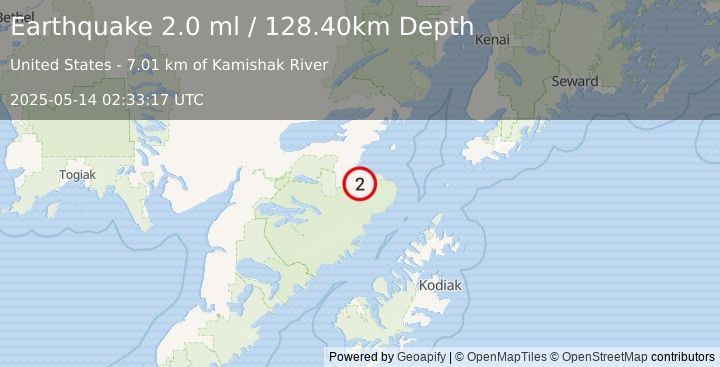 Earthquake 63 km SSE of Kokhanok, Alaska (2.0 ml) (2025-05-14 02:33:17 UTC)