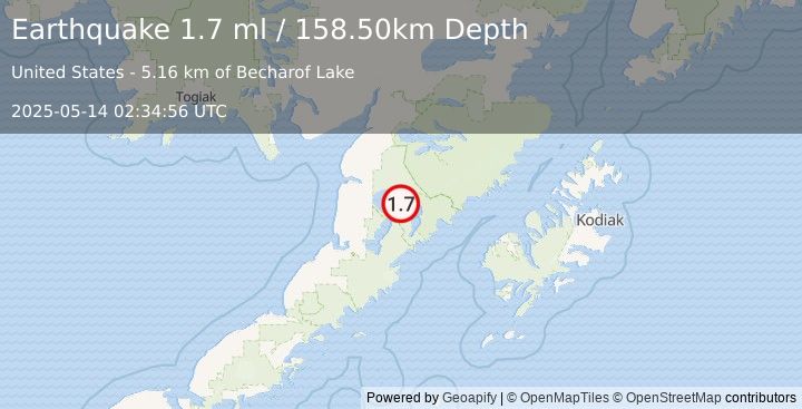 Earthquake 68 km ESE of Egegik, Alaska (1.7 ml) (2025-05-14 02:34:56 UTC)