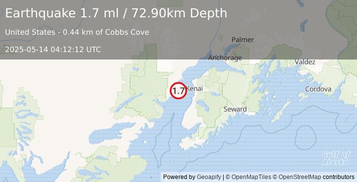 Earthquake 37 km WSW of Salamatof, Alaska (1.7 ml) (2025-05-14 04:12:12 UTC)