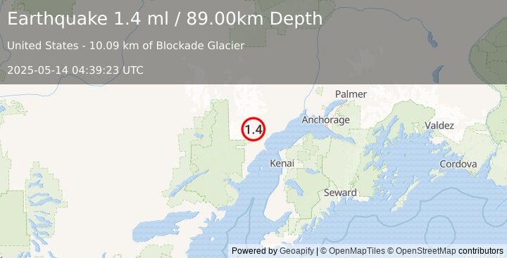 Earthquake 54 km W of Tyonek, Alaska (1.4 ml) (2025-05-14 04:39:23 UTC)