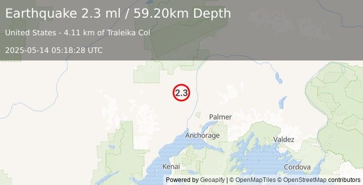 Earthquake 33 km ENE of Skwentna, Alaska (2.3 ml) (2025-05-14 05:18:28 UTC)