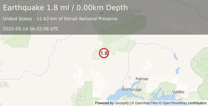 Earthquake 64 km W of Petersville, Alaska (1.8 ml) (2025-05-14 06:02:06 UTC)