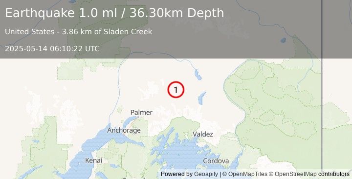Earthquake 25 km NW of Eureka Roadhouse, Alaska (1.0 ml) (2025-05-14 06:10:22 UTC)
