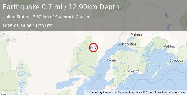 Earthquake 87 km W of Tyonek, Alaska (0.7 ml) (2025-05-14 06:11:39 UTC)