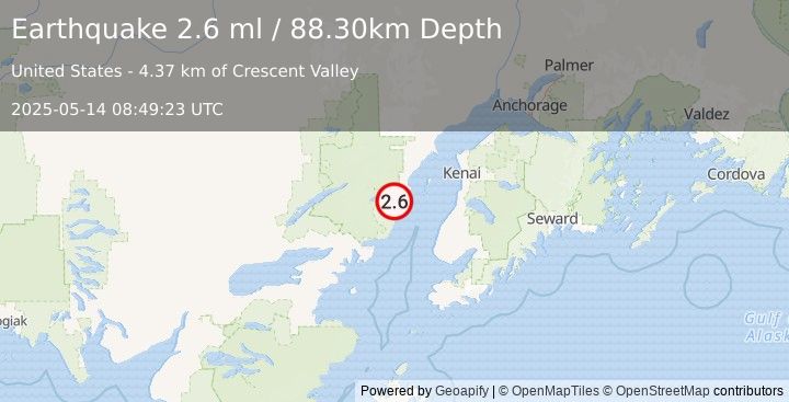 Earthquake 57 km WNW of Ninilchik, Alaska (2.6 ml) (2025-05-14 08:49:23 UTC)