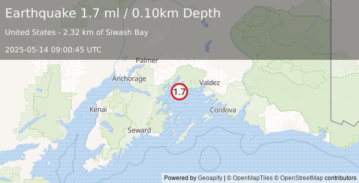 Earthquake 54 km W of Tatitlek, Alaska (1.7 ml) (2025-05-14 09:00:45 UTC)