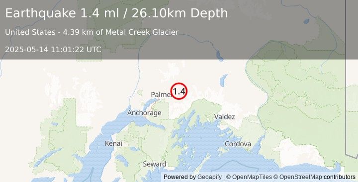 Earthquake 14 km SSE of Chickaloon, Alaska (1.4 ml) (2025-05-14 11:01:22 UTC)