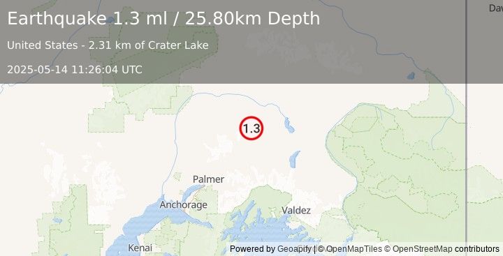 Earthquake 55 km NNW of Eureka Roadhouse, Alaska (1.3 ml) (2025-05-14 11:26:04 UTC)