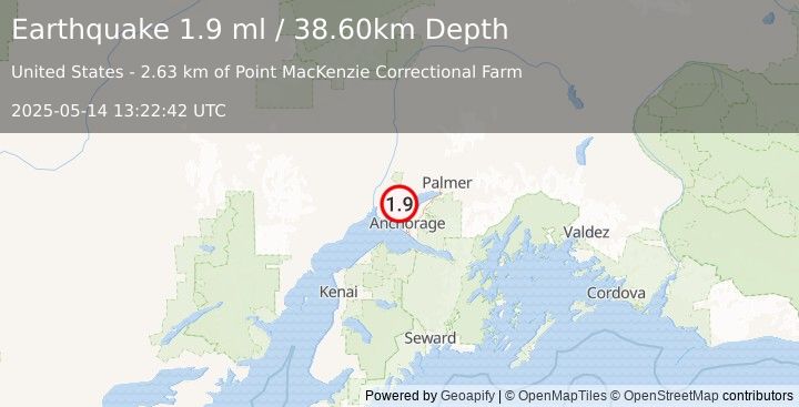 Earthquake 5 km NW of Point MacKenzie, Alaska (1.9 ml) (2025-05-14 13:22:42 UTC)
