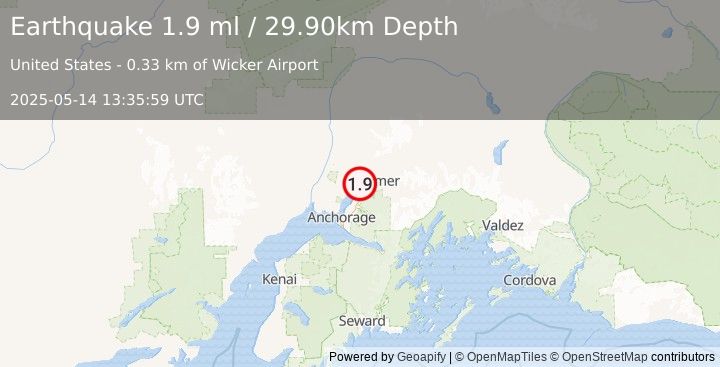 Earthquake 2 km WSW of Wasilla, Alaska (1.9 ml) (2025-05-14 13:35:59 UTC)