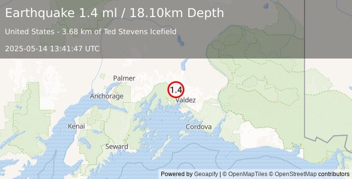 Earthquake 33 km NW of Valdez, Alaska (1.4 ml) (2025-05-14 13:41:47 UTC)