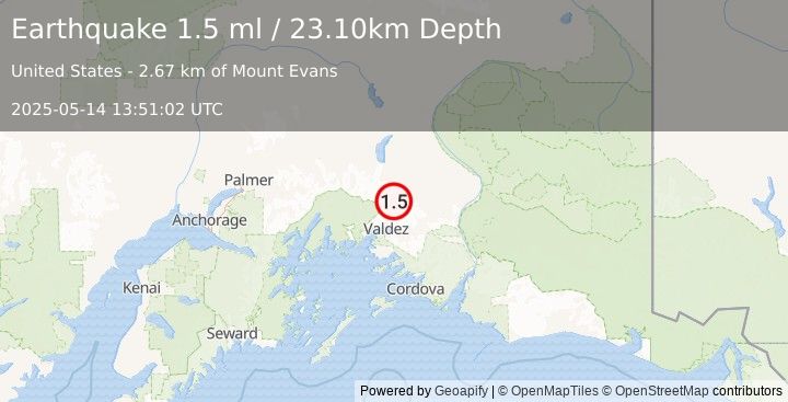Earthquake 30 km NNE of Valdez, Alaska (1.5 ml) (2025-05-14 13:51:02 UTC)