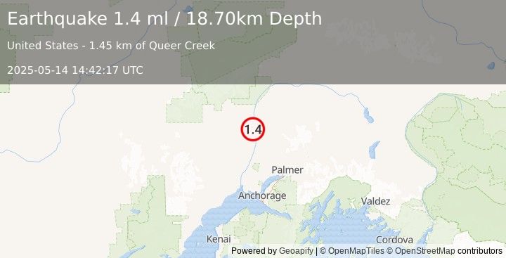 Earthquake 13 km S of Trapper Creek, Alaska (1.4 ml) (2025-05-14 14:42:17 UTC)
