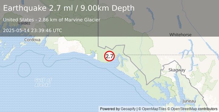 Earthquake 52 km NNW of Yakutat, Alaska (2.7 ml) (2025-05-14 23:39:46 UTC)