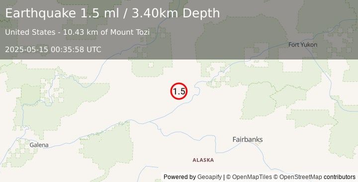 Earthquake 36 km NW of Rampart, Alaska (1.5 ml) (2025-05-15 00:35:58 UTC)