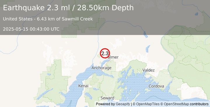 Earthquake 11 km N of Meadow Lakes, Alaska (2.3 ml) (2025-05-15 00:43:00 UTC)