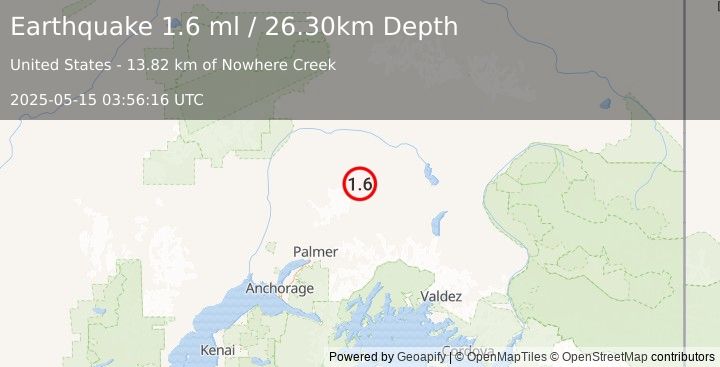 Earthquake 58 km NNE of Chickaloon, Alaska (1.6 ml) (2025-05-15 03:56:16 UTC)
