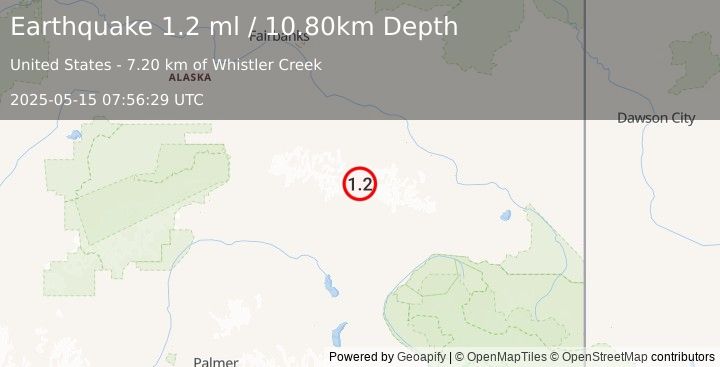 Earthquake 40 km NNW of Paxson, Alaska (1.2 ml) (2025-05-15 07:56:29 UTC)