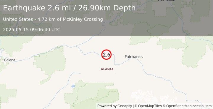 Earthquake 32 km SSW of Minto, Alaska (2.6 ml) (2025-05-15 09:06:40 UTC)