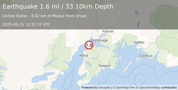 Earthquake 11 km NW of Point Possession, Alaska (1.6 ml) (2025-05-15 12:31:37 UTC)