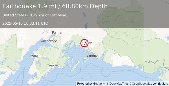 Earthquake 11 km W of Valdez, Alaska (1.9 ml) (2025-05-15 16:33:11 UTC)