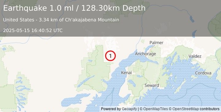 Earthquake 68 km W of Tyonek, Alaska (1.0 ml) (2025-05-15 16:40:52 UTC)