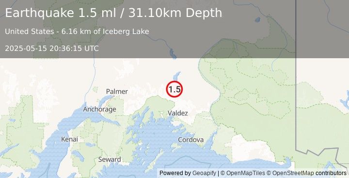 Earthquake 40 km SSE of Nelchina, Alaska (1.5 ml) (2025-05-15 20:36:15 UTC)