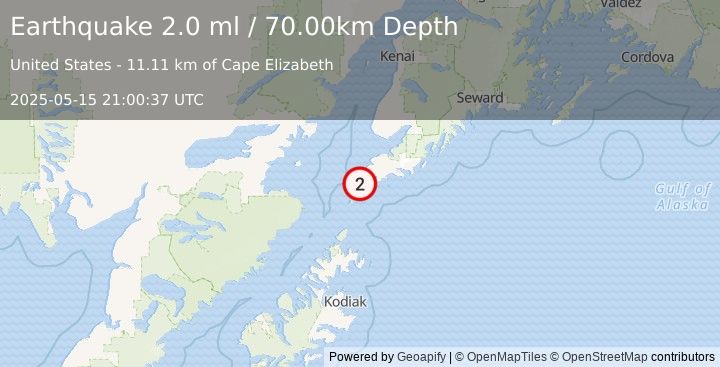 Earthquake 25 km SSW of Nanwalek, Alaska (2.0 ml) (2025-05-15 21:00:37 UTC)