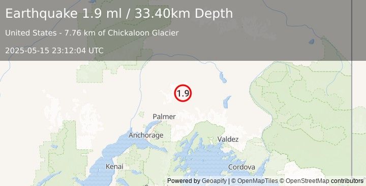 Earthquake 32 km NNE of Chickaloon, Alaska (1.9 ml) (2025-05-15 23:12:04 UTC)