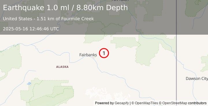 Earthquake 17 km E of Pleasant Valley, Alaska (1.0 ml) (2025-05-16 12:46:46 UTC)