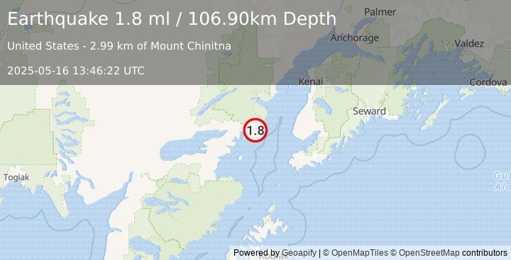 Earthquake 63 km W of Anchor Point, Alaska (1.8 ml) (2025-05-16 13:46:22 UTC)