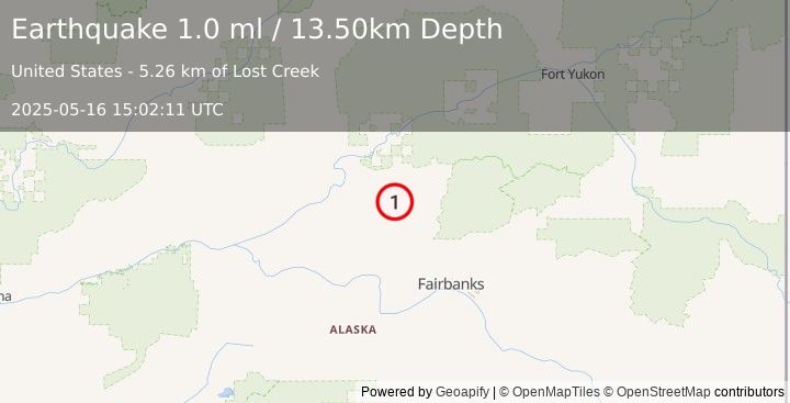Earthquake 13 km W of Livengood, Alaska (1.0 ml) (2025-05-16 15:02:11 UTC)