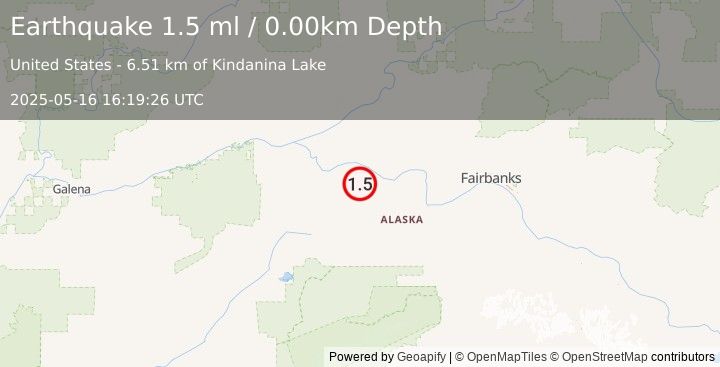 Earthquake 24 km S of Manley Hot Springs, Alaska (1.5 ml) (2025-05-16 16:19:26 UTC)