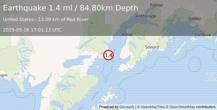 Earthquake 44 km W of Anchor Point, Alaska (1.4 ml) (2025-05-16 17:01:23 UTC)