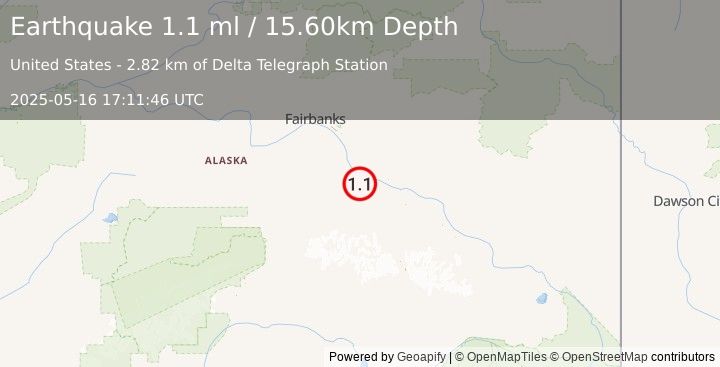 Earthquake 17 km SSW of Harding-Birch Lakes, Alaska (1.1 ml) (2025-05-16 17:11:46 UTC)