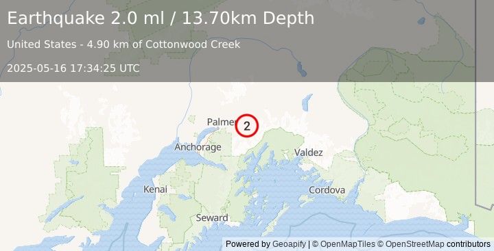 Earthquake 29 km SSE of Chickaloon, Alaska (2.0 ml) (2025-05-16 17:34:25 UTC)