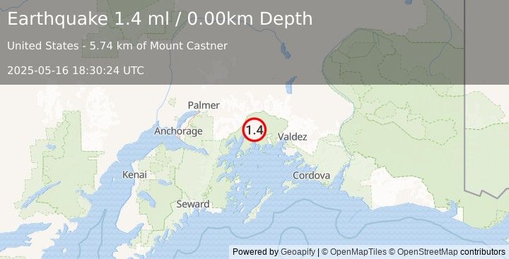 Earthquake 61 km NW of Tatitlek, Alaska (1.4 ml) (2025-05-16 18:30:24 UTC)