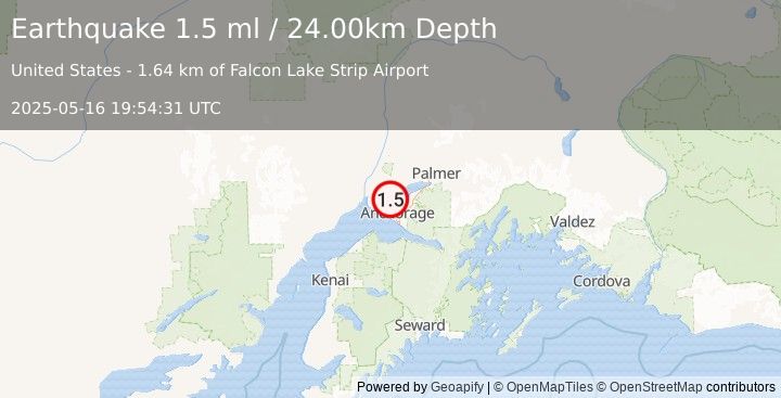 Earthquake 3 km WSW of Point MacKenzie, Alaska (1.5 ml) (2025-05-16 19:54:31 UTC)