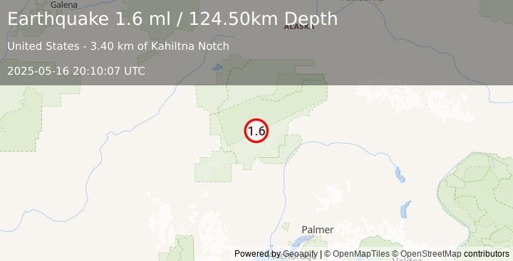 Earthquake 59 km NNW of Petersville, Alaska (1.6 ml) (2025-05-16 20:10:07 UTC)