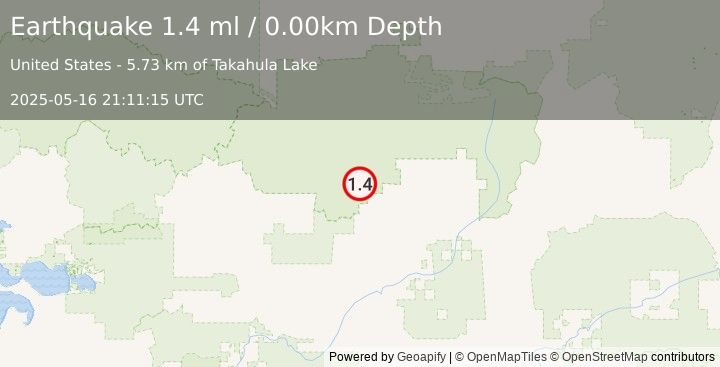 Earthquake 99 km NNW of Alatna, Alaska (1.4 ml) (2025-05-16 21:11:15 UTC)