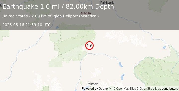 Earthquake 30 km SW of Cantwell, Alaska (1.6 ml) (2025-05-16 21:59:10 UTC)