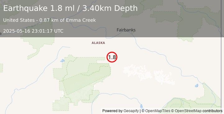 Earthquake 19 km E of Ferry, Alaska (1.8 ml) (2025-05-16 23:01:17 UTC)