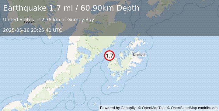 Earthquake 21 km NNW of Karluk, Alaska (1.7 ml) (2025-05-16 23:25:41 UTC)