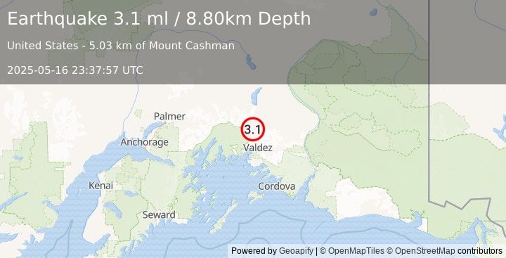 Earthquake 31 km NNW of Valdez, Alaska (3.1 ml) (2025-05-16 23:37:57 UTC)