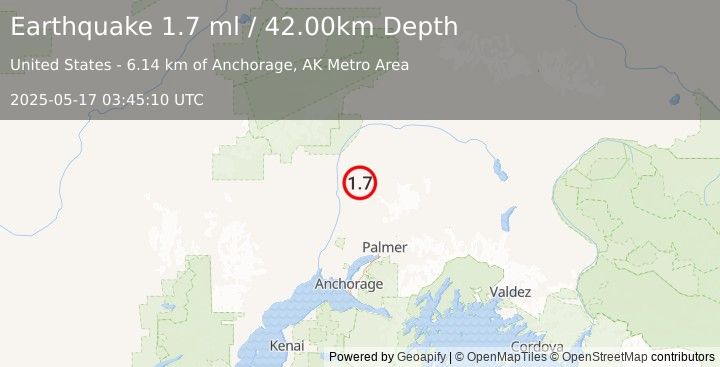 Earthquake 14 km NE of Susitna North, Alaska (1.7 ml) (2025-05-17 03:45:10 UTC)