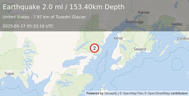 Earthquake 59 km E of Port Alsworth, Alaska (2.0 ml) (2025-05-17 05:33:16 UTC)